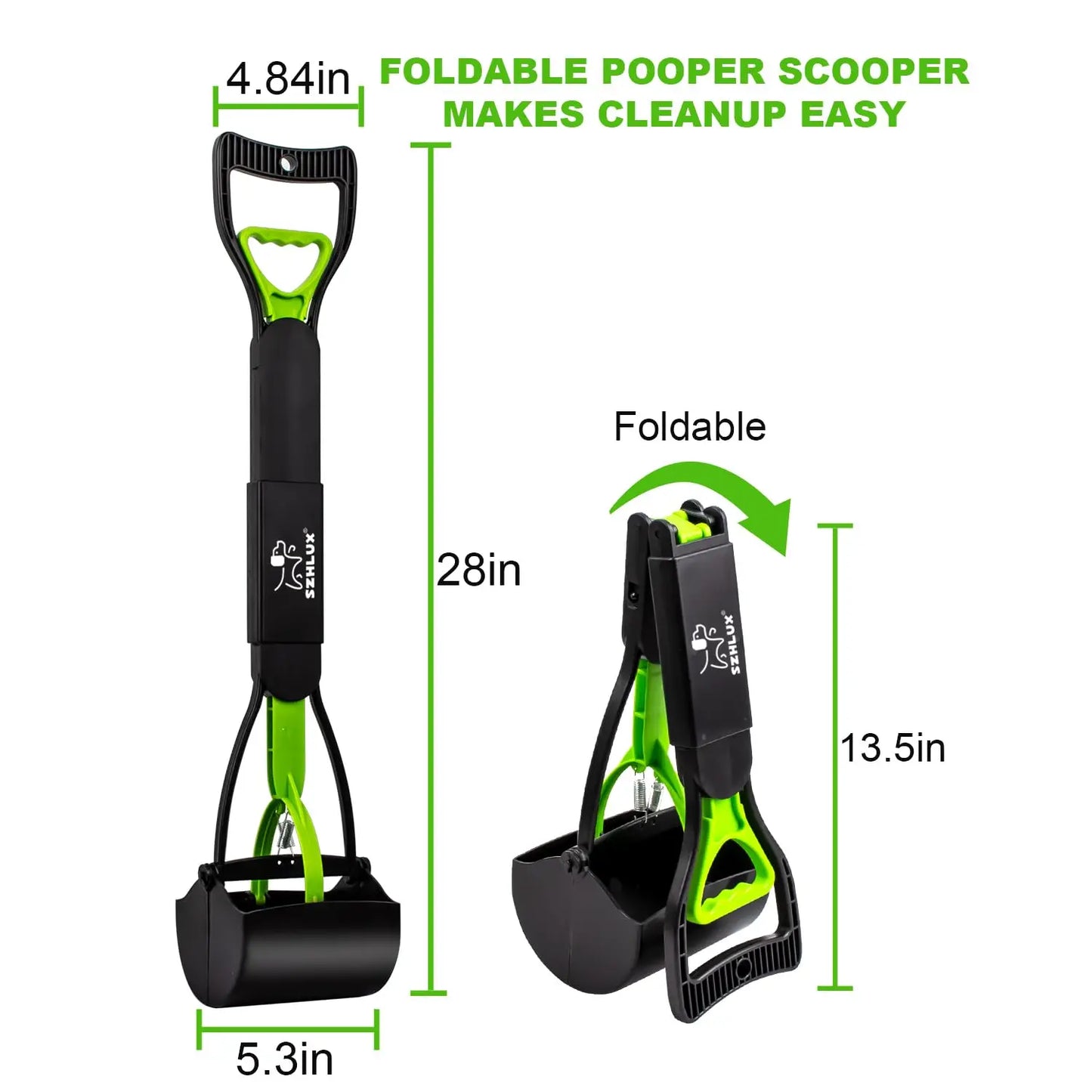 Jaw-type pooper scooper with long handle. No more bending down